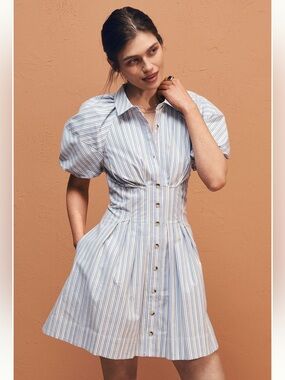 By Anthropologie Striped Puff-Sleeve Mini Shirt Dress in Light Blue and White